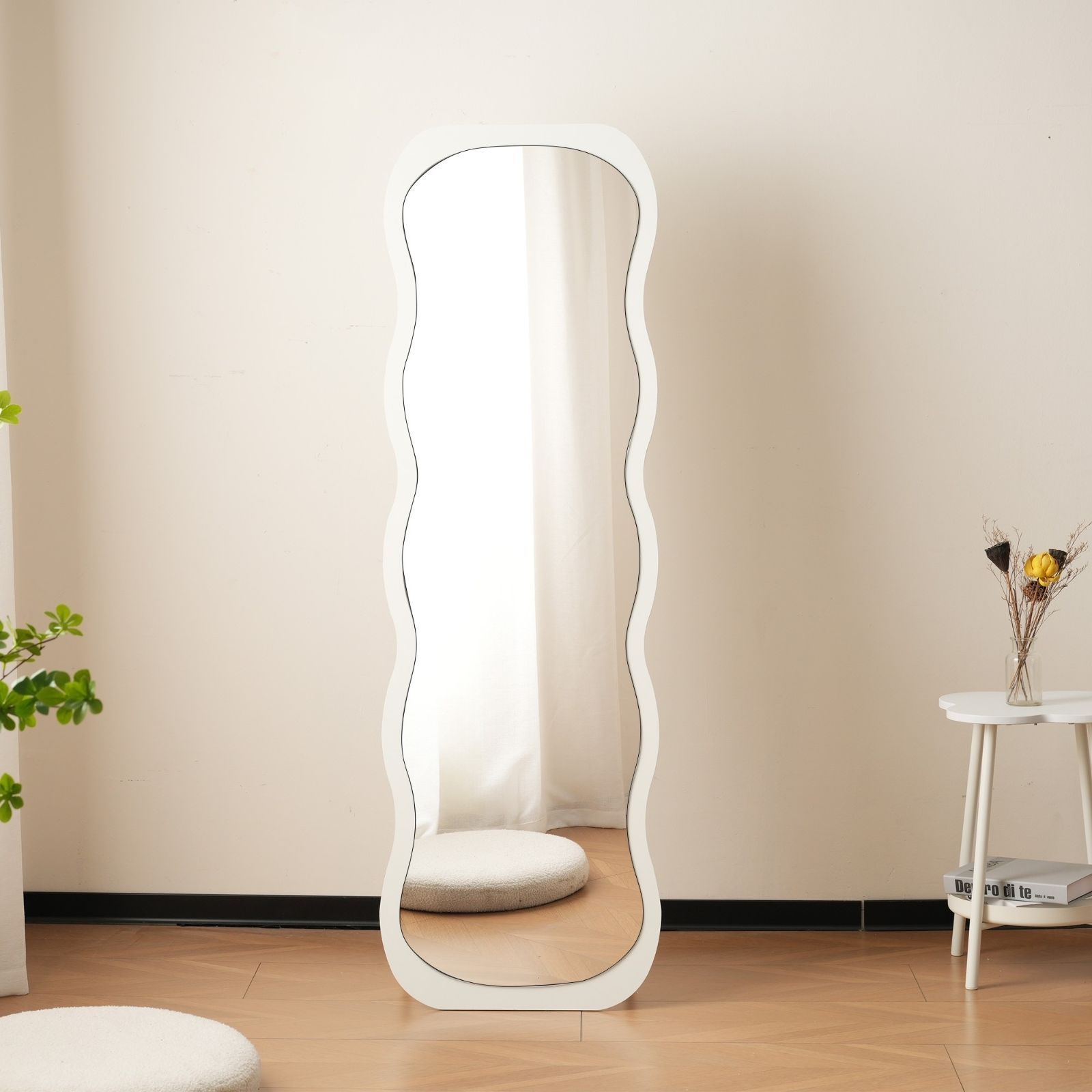 波型スタンドミラー｜北欧風｜飛散防止｜160×50cm｜ホワイト｜N515P266053W