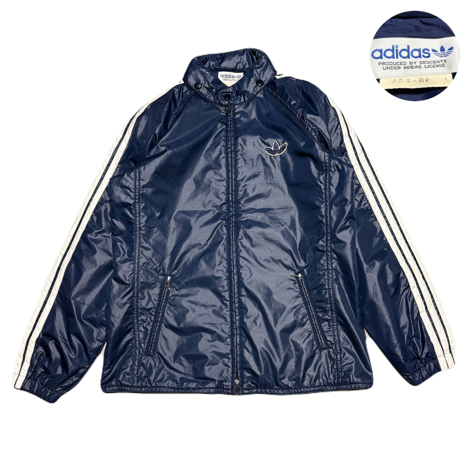adidas アディダス NylonJacket ナイロンジャケット Padded 中綿 Hoodie パーカー デサント 70s EmbroideredLogo 刺繍ロゴ Nylon ナイロン Polyester ポリエステル Navy ネイビー 紺 L