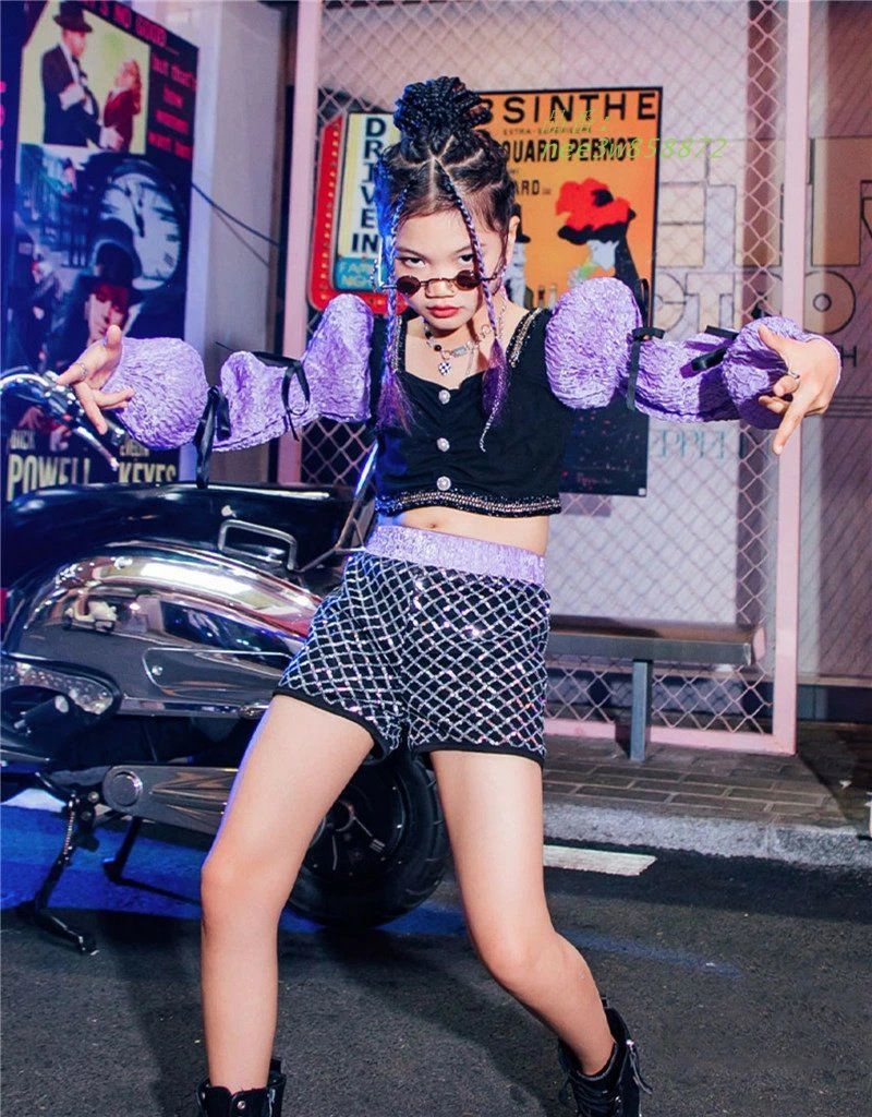 ダンス衣装 ヒップホップ 女の子 長袖 パープル 黒 K-POP へそ出し ガールズ パンツ 切り替え 韓国 チェック柄 キッズ セットアップ 派手 トップス 女の子 nee3w858872
