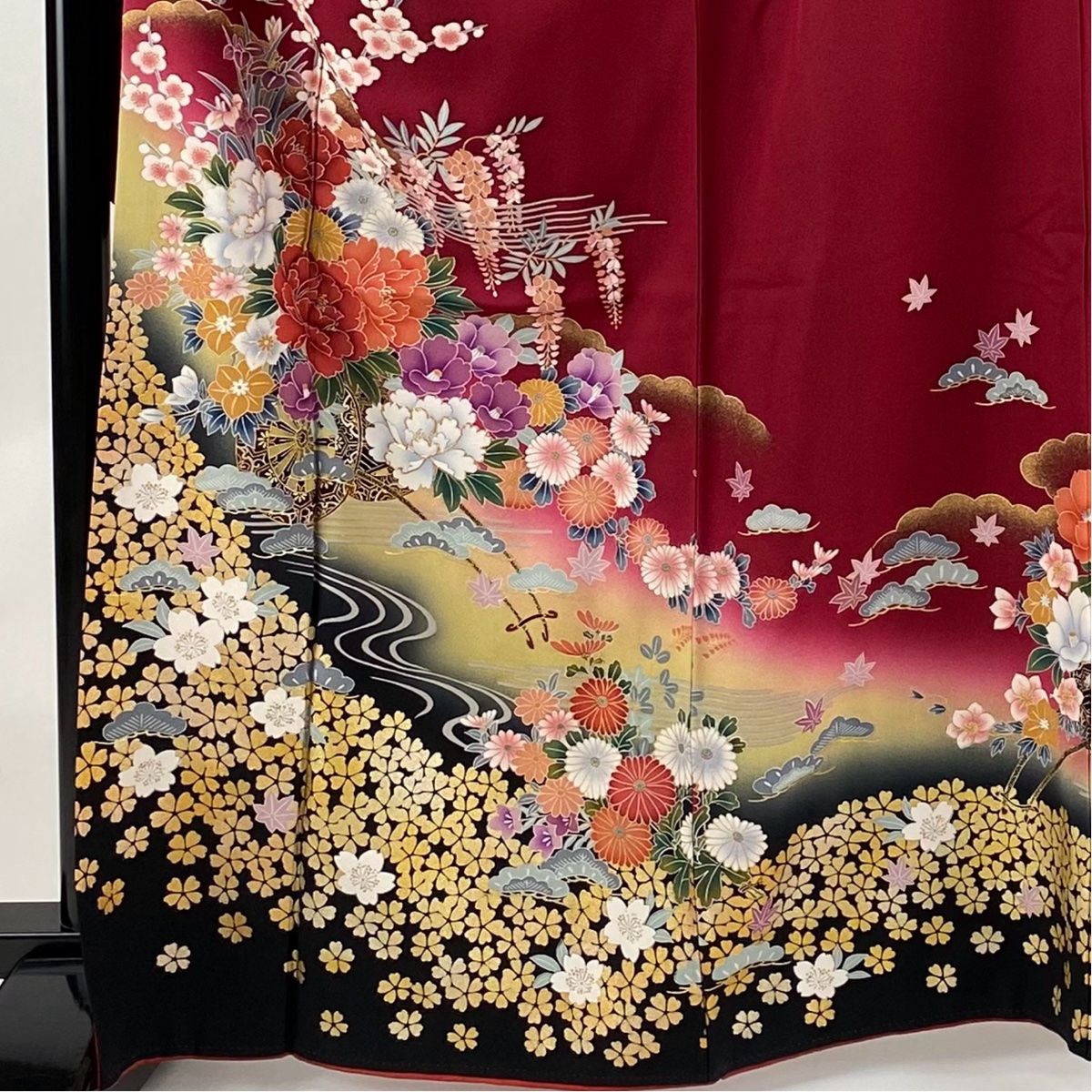 振袖 身丈165.5cm 裄丈66cm M 袷 花車 流水 金糸 金彩 えんじ色