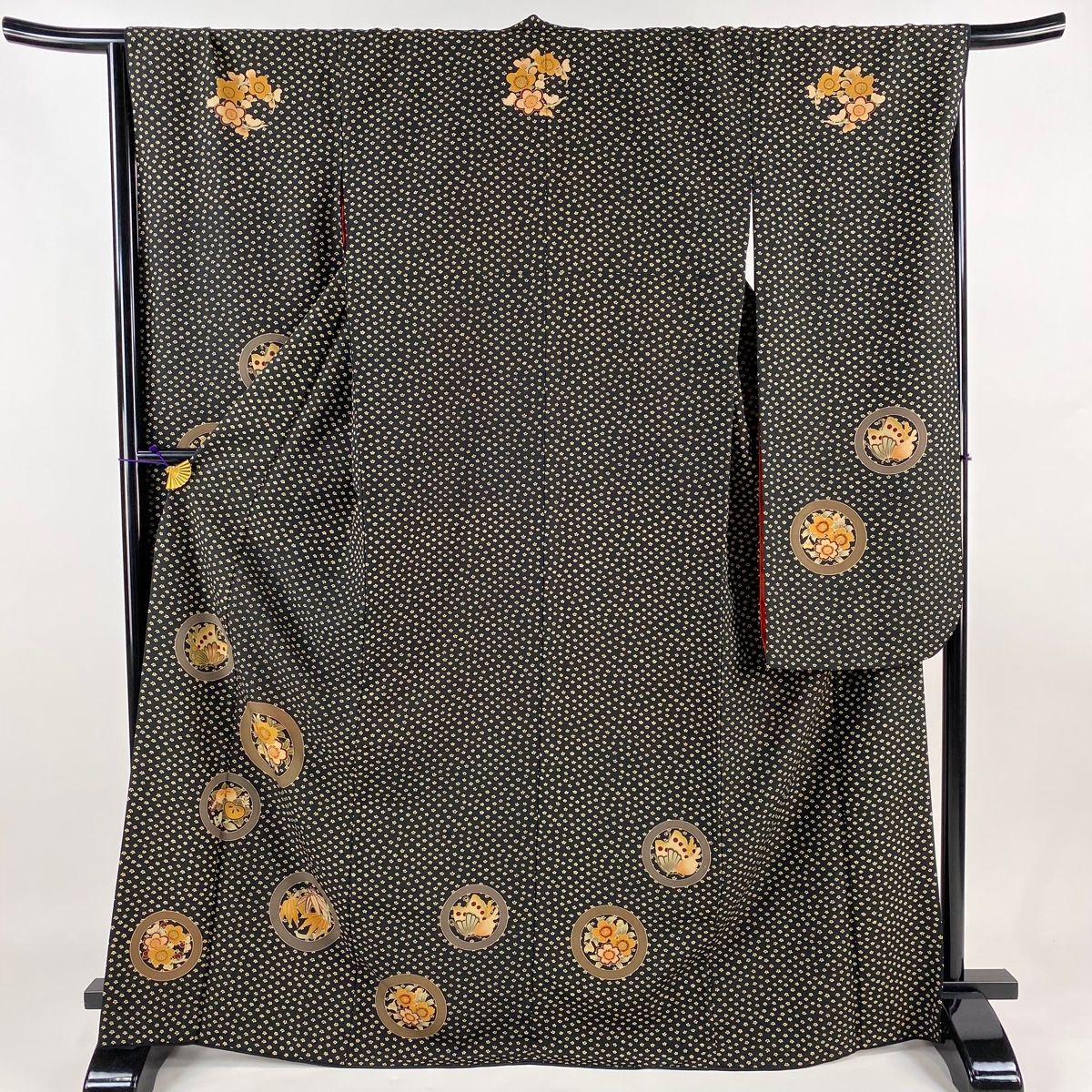 振袖 身丈170cm 裄丈67.5cm L 袷 洗える着物 御所車 草花 金彩 緑 化繊 秀品 中古