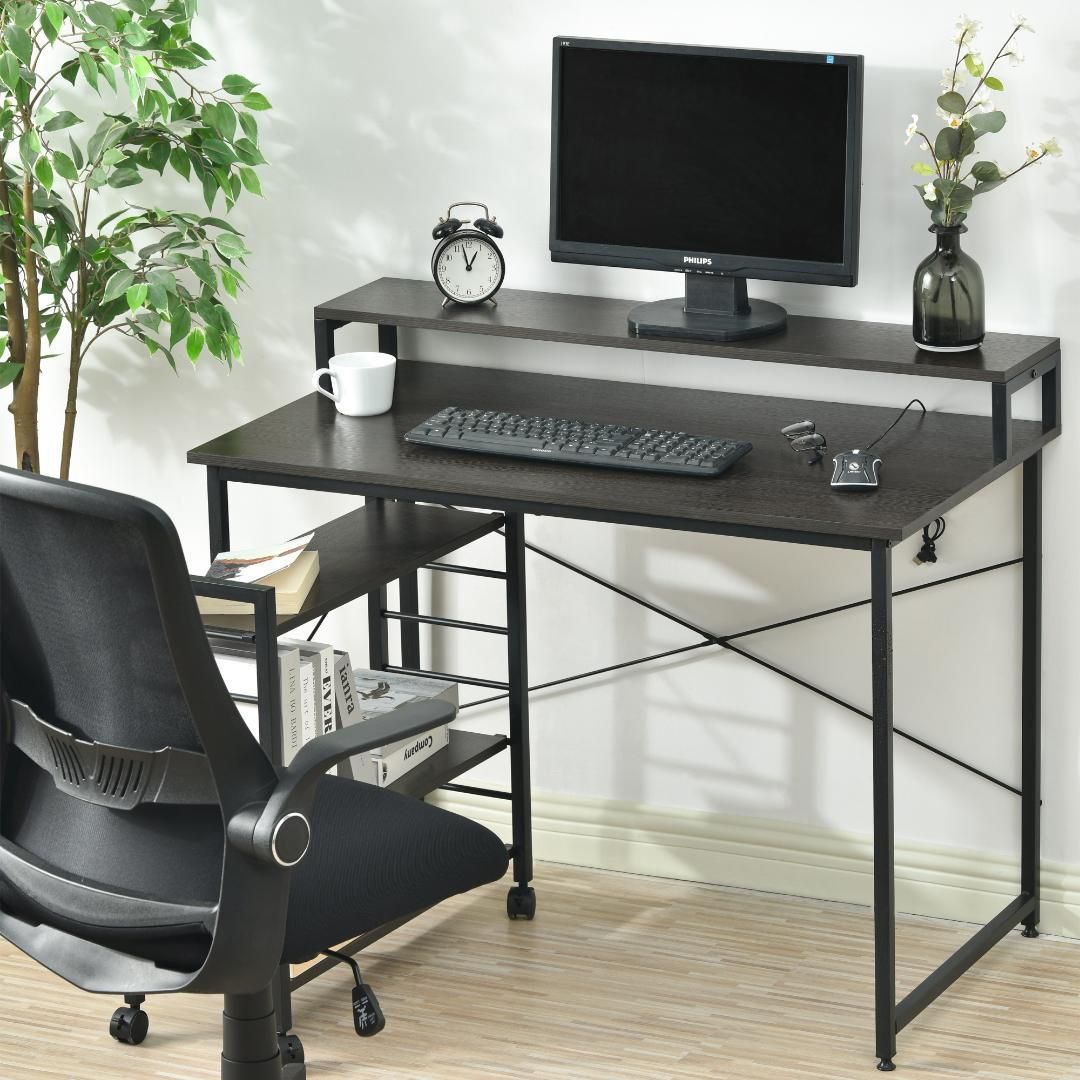ブラック】パソコンデスク ラック付き デスク ワークデスク 木製 学習