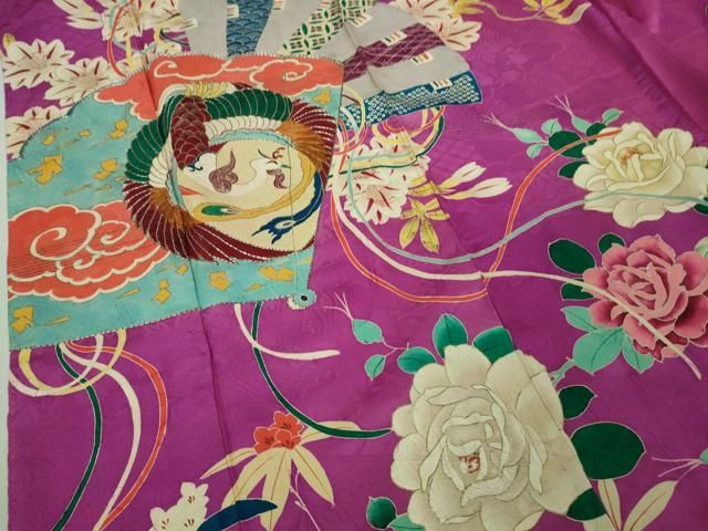 平和屋本店□極上 アンティーク 大正ロマン 振袖 駒刺繍 扇面