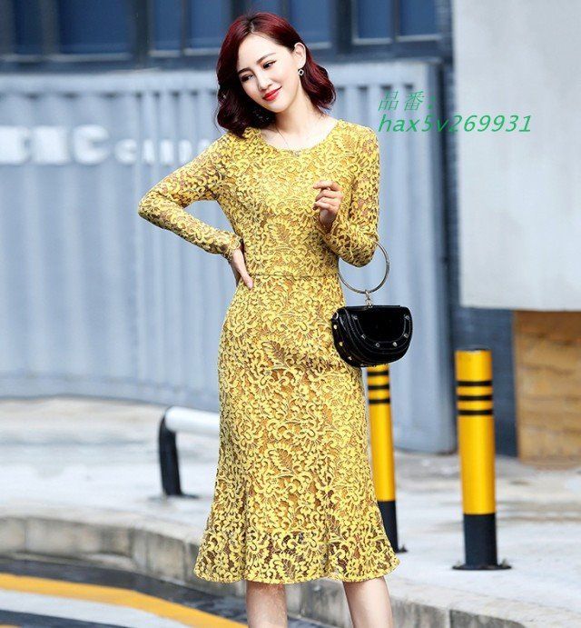 活発な パーティードレス 結婚式 お呼ばれドレス マーメイドワンピース 膝丈 袖あり 黒 30代 ドレス 総レース 長袖 4L 20代 40代 シアー 花柄 3L 大きいサイズ タイト hax5v269931