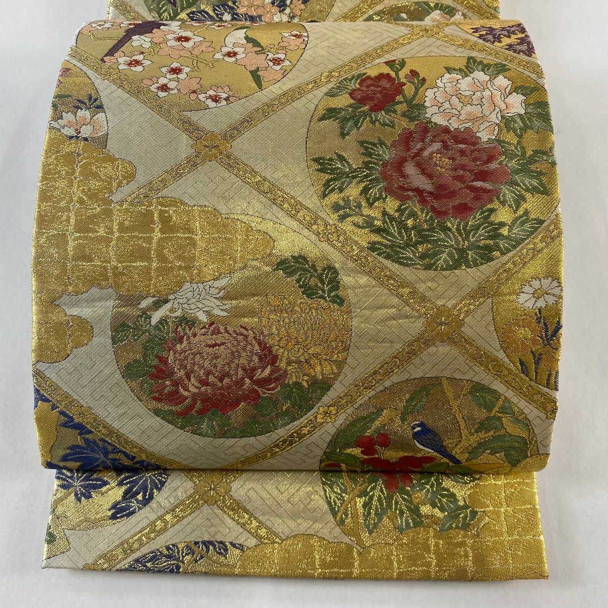 丸帯 丸文 花鳥 金糸 箔 金色 正絹