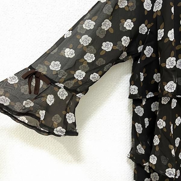 品質保証，大人気 #anc ギャラリービスコンティ GALLERYVISCONTI ワンピース 五分袖 フレア 花 リボン 2 グレー 黒 タグ付き 美品 レディース [900172]