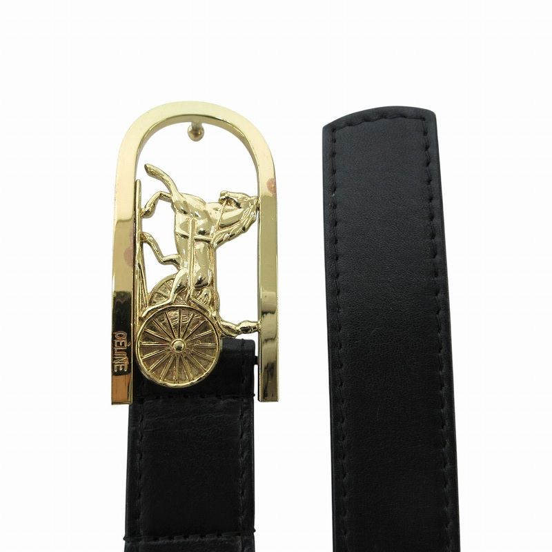 CELINE セリーヌ ブラックレザーベルト ゴールドlogoバックル CELINE セリーヌ 75 ベルト 馬車金具 バックルベルト ブラック