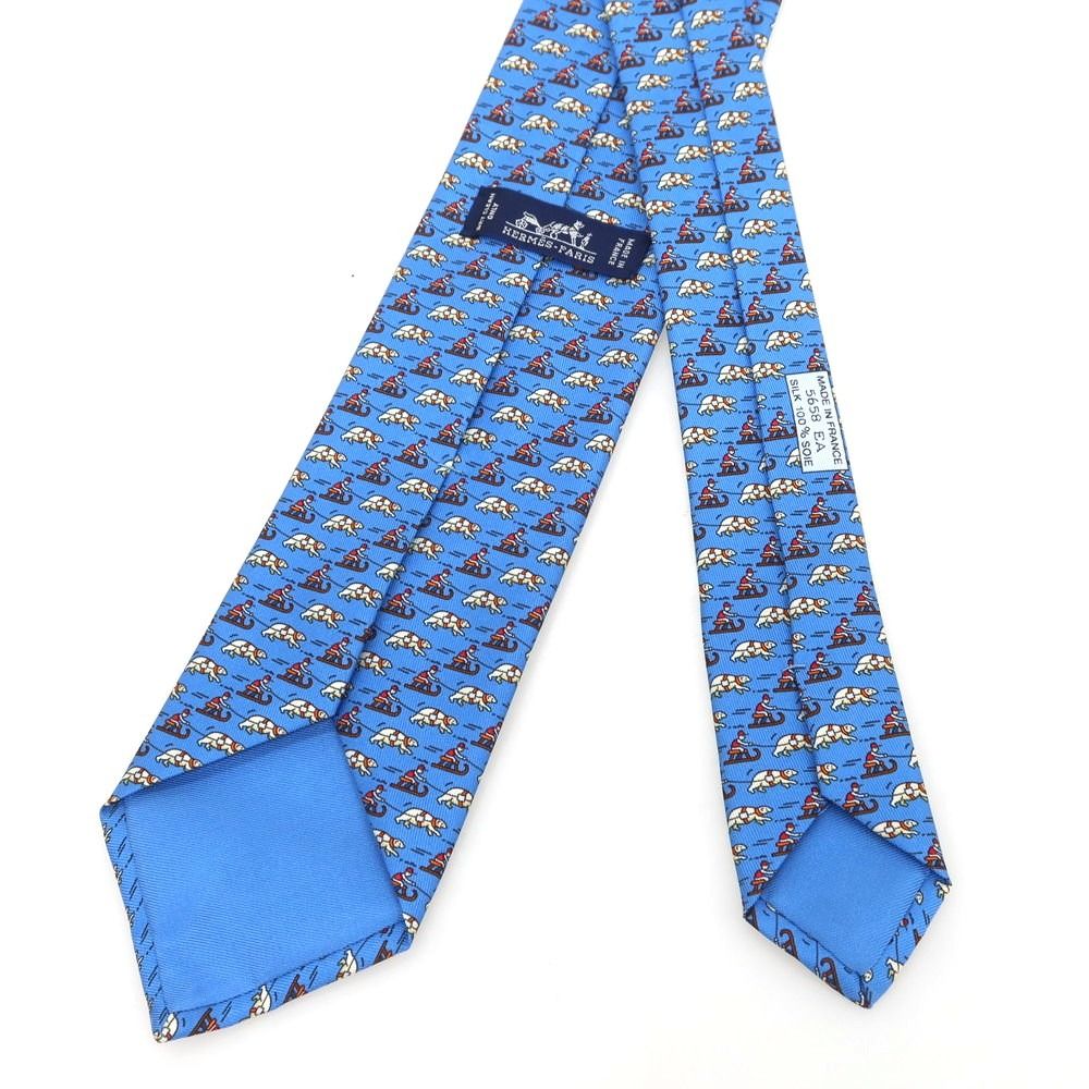 【美品】HERMES ネクタイ ブルー 小紋柄 コミカル カワイイ 高級品 中古】エルメス HERMES シルク プリント 小紋柄ネクタイ ブルー