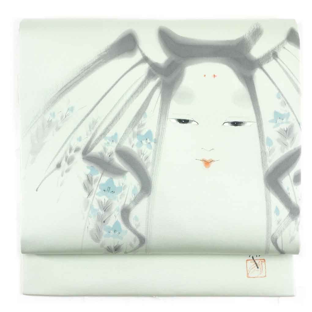 名古屋帯 幅31cm 長さ360cm レディース 人物画 秋冬春用 正絹 シルク ブルー リメイク リユース リサイクル 呉服のきくや