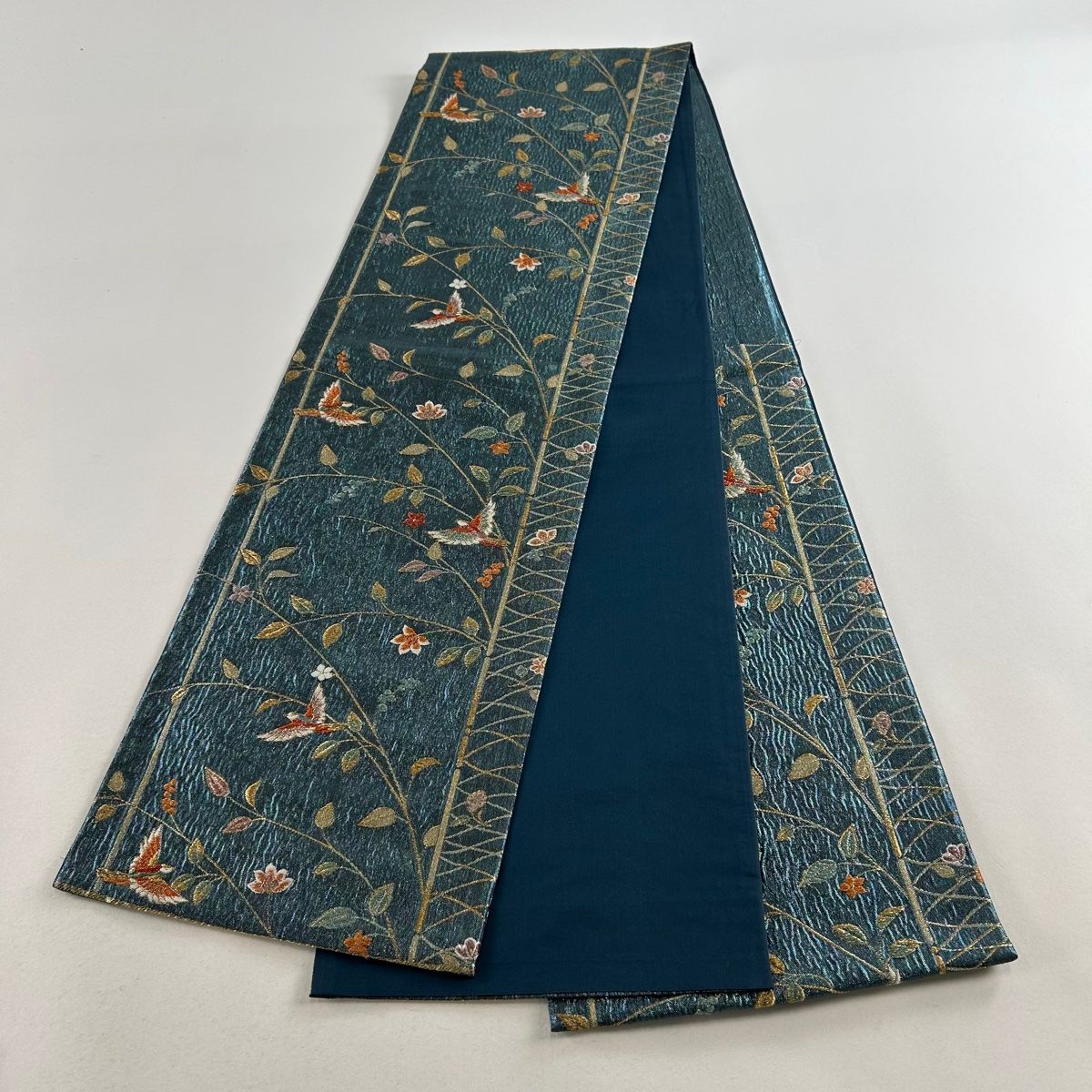 袋帯 美品 秀品 鳥 草花 金糸 箔 青緑 六通 正絹 【中古