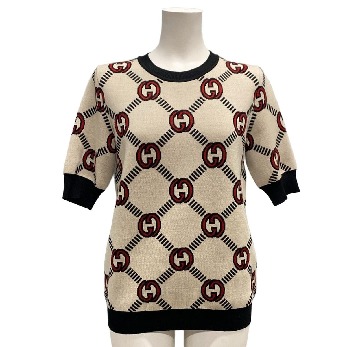 GUCCI グッチ 半袖セーター サイズM レディース - 678310 XKB7T ベージュ×黒×レッド クルーネック|リバーシブル|GG柄 ウール