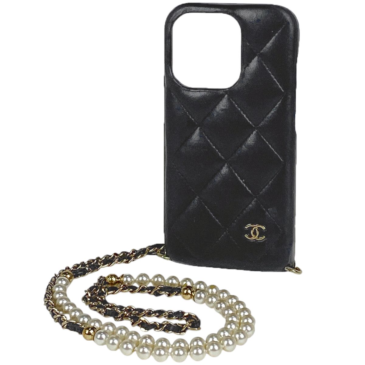 シャネル CHANEL ココマーク スマホケース チェーン 携帯電話ケース レザー フェイクパール ブラック レディース