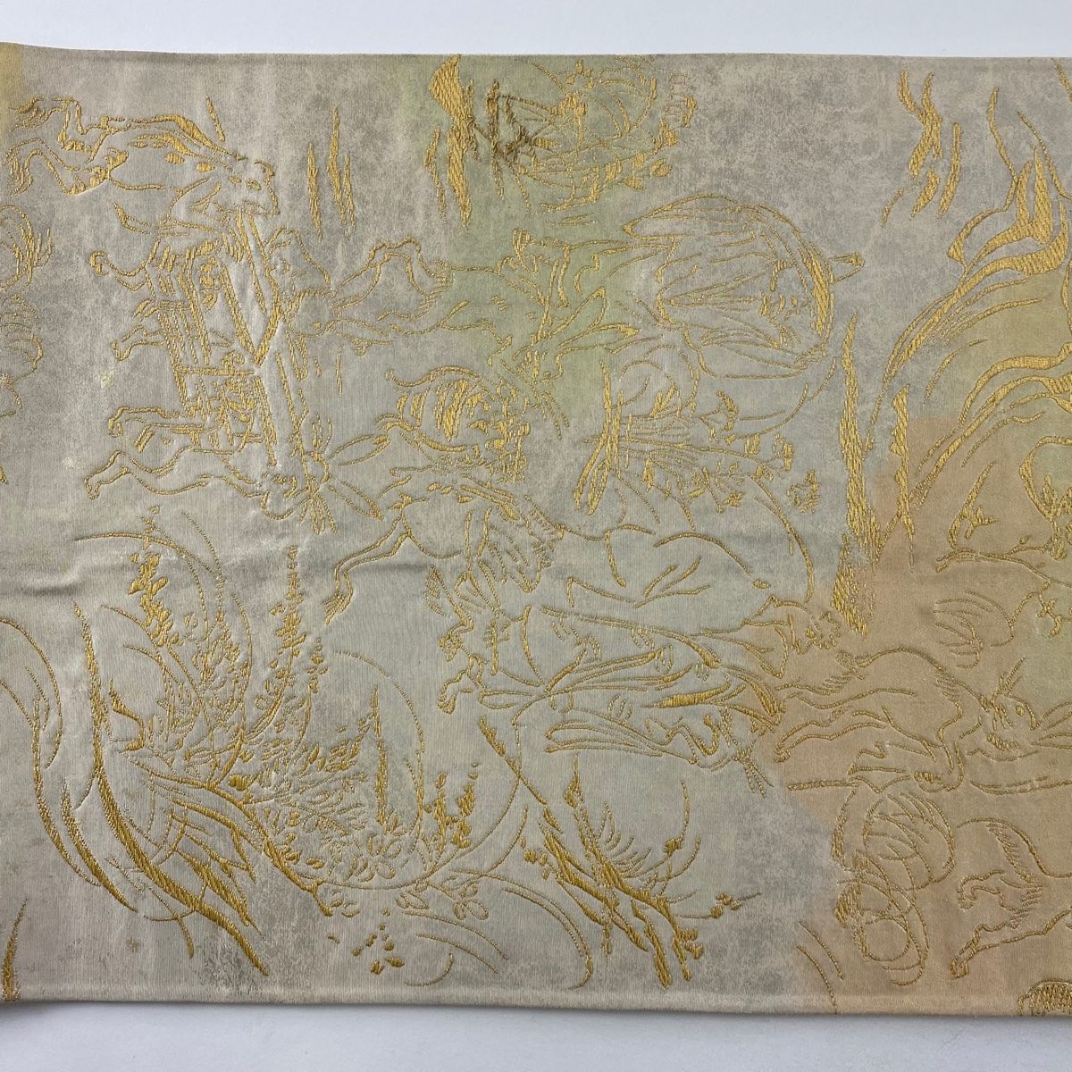 袋帯 名品 鳥獣戯画 草花 金糸 箔 クリーム 六通 正絹 【中古