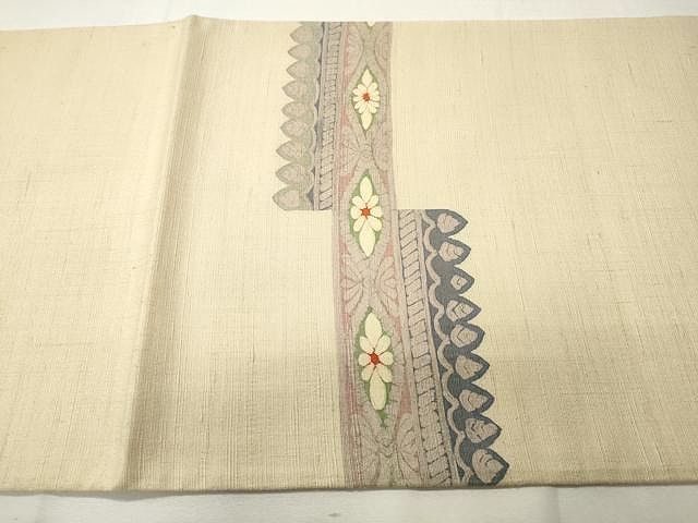 平和屋着物○太鼓柄袋帯 作家物 紬地 型染め 正倉院菱花文 正絹 逸品