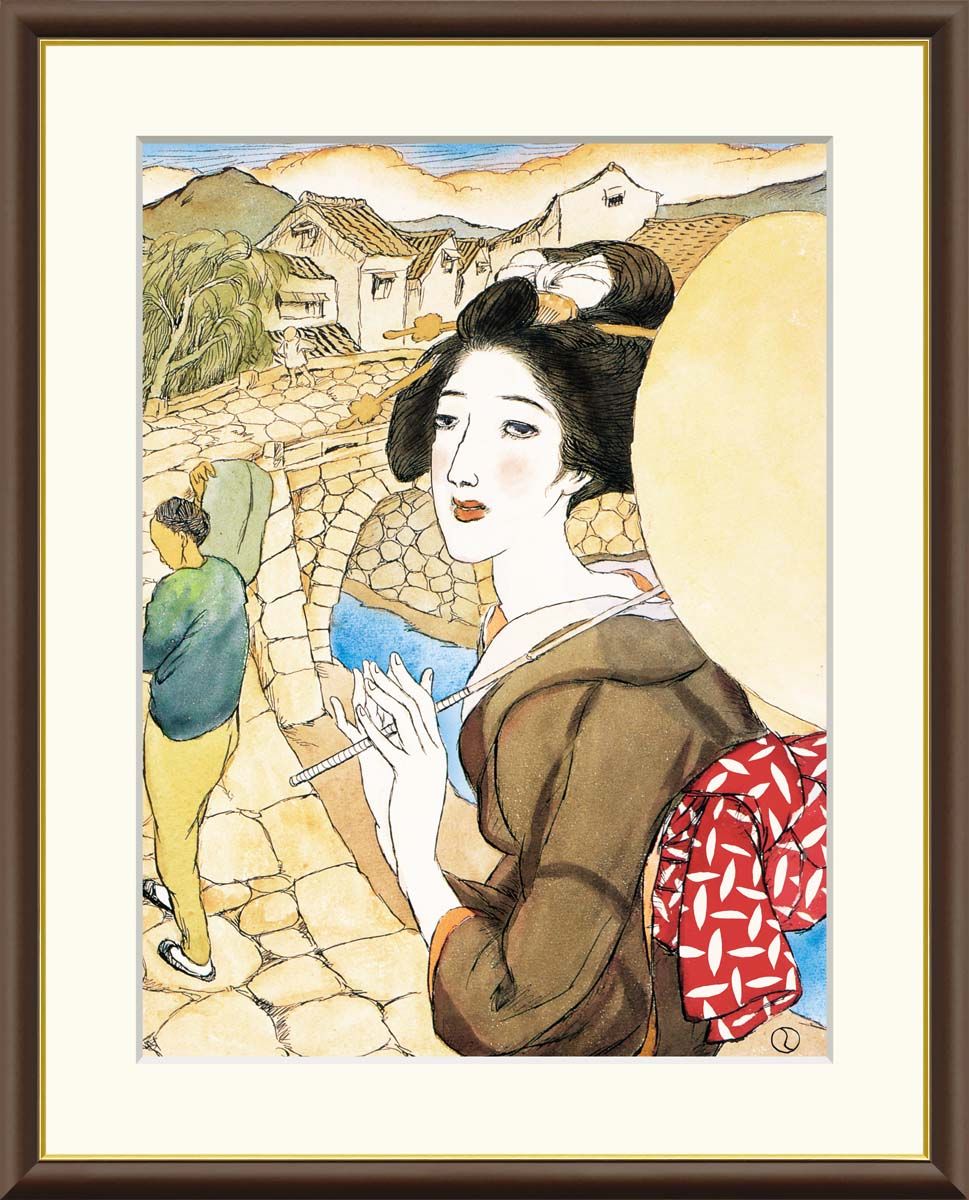 真作】絵画 渡辺八洲 日本画10号 菊花と和装美人 繊細な 弥勒菩薩 山田