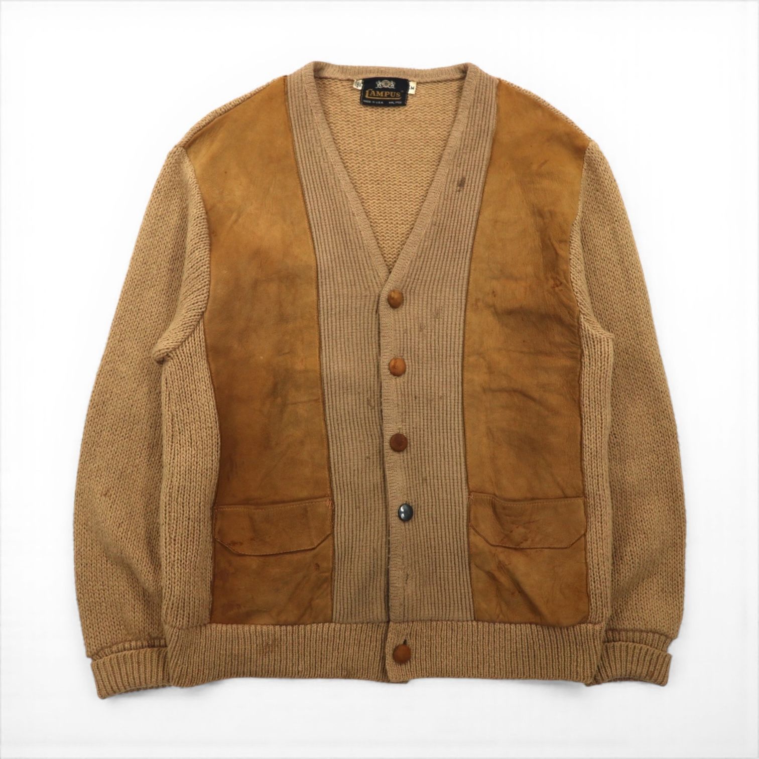 VINTAGE ニット カーディガン レザー切り替え M ブラウン ウール CAMPUS