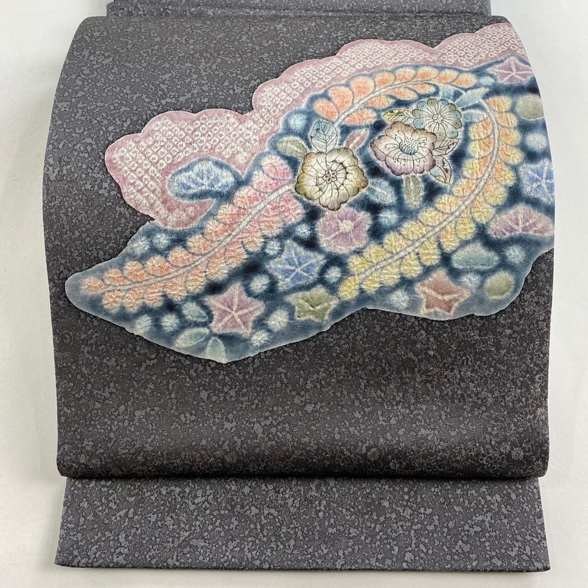 袋帯 美品 逸品 樋熊哲也 落款 辻が花 雲文 金通し 灰色 お太鼓