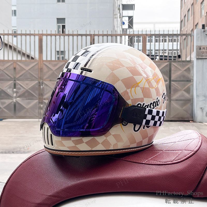レトロヘルメット クラシック フルフェイスヘルメット ゴーグルが付き バイクヘルメット DOT認定 耐久性 安全性 通気性 男女兼用 チェック柄 ベージュ A171