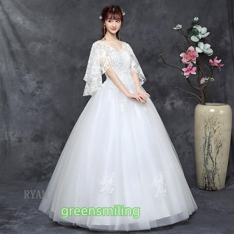 ウェディングドレス 結婚式 二次会 安い ホワイト 花嫁 ウェディング プリンセスドレス 白ドレス ロングドレス 披露宴 編み上 登場 ZZ520
