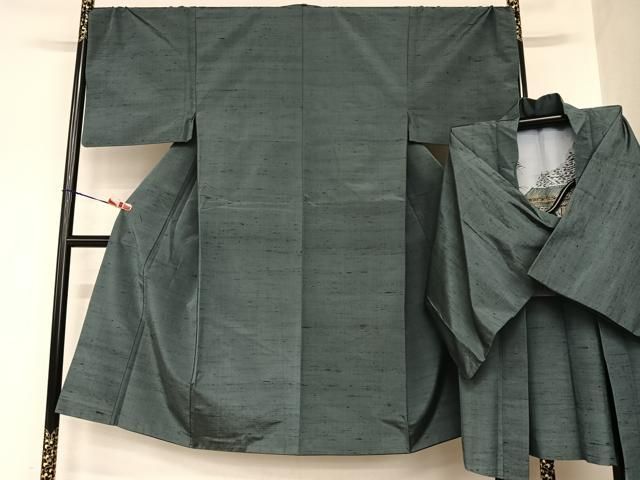 平和屋着物●男性 紬 アンサンブル 色無地 藍墨茶色 正絹 AABA8819zg