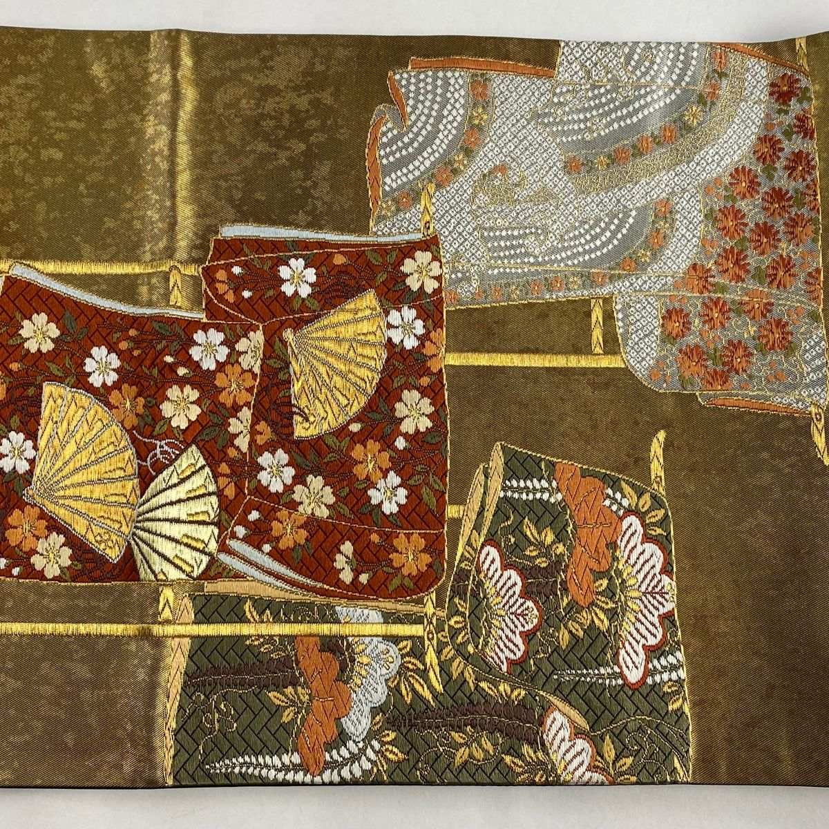 袋帯 美品 名品 河合美術織物 落款あり 豊明錦 誰が袖 檜扇 刺繍 金糸 