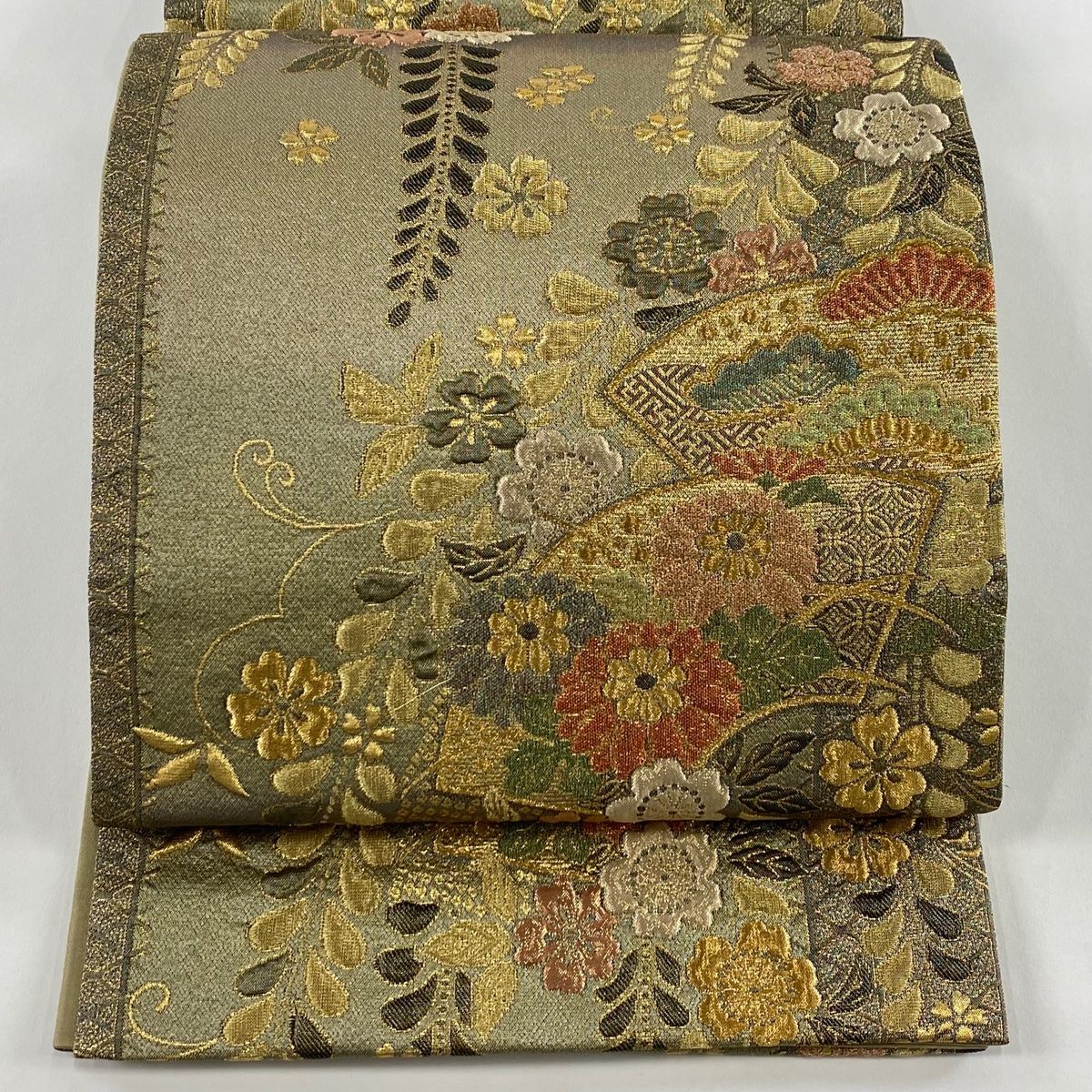 袋帯 秀品 扇面 菊 箔 ぼかし 茶緑色 六通 正絹