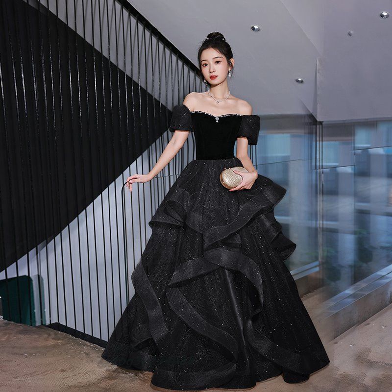 ドレス ブラック オフショルダー プリンセスドレス 結婚式 二次会 ウェディングドレス 発表会 イブニングドレス 黒 ロングドレス ウエディングドレス zog3y234988