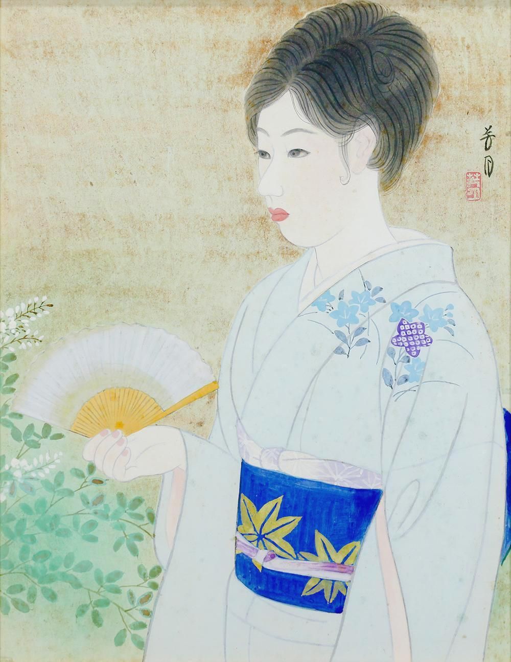 日本画 真作】【WISH】横尾芳月「白萩」日本画 6号 金泥仕様 共シール