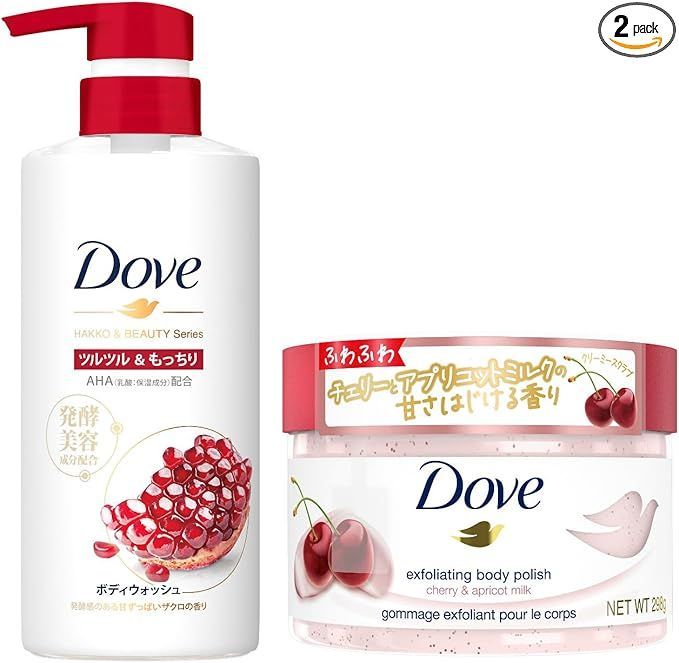 【セット買い】Dove(ダヴ)ボディソープ 発酵u0026ビューティーシリーズ ツルツルu0026もっちり (ボディウォッシュ) ポンプ 480g + Dove(ダヴ) チェリーu0026アプリコットミルク クリーミースクラブ 