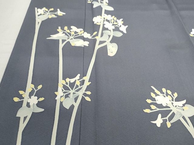 平和屋本店□極上 本加賀友禅作家 由水煌人 訪問着 枝花文 藍墨茶色地