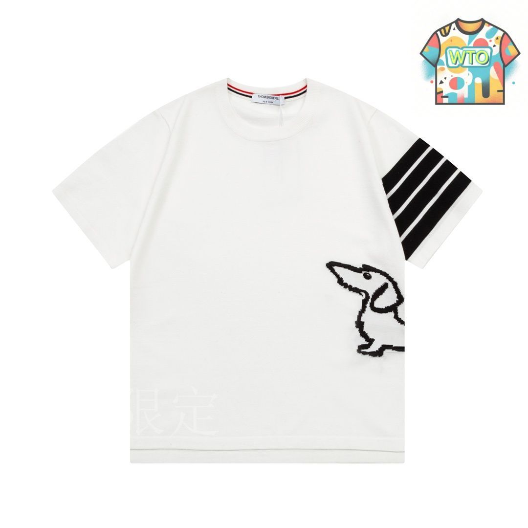 THOM BROWNE リブ編みウール混 トップス ニットTシャツ 半袖 今日特価】Thom Browne Color Block Dachshund Print Knit T