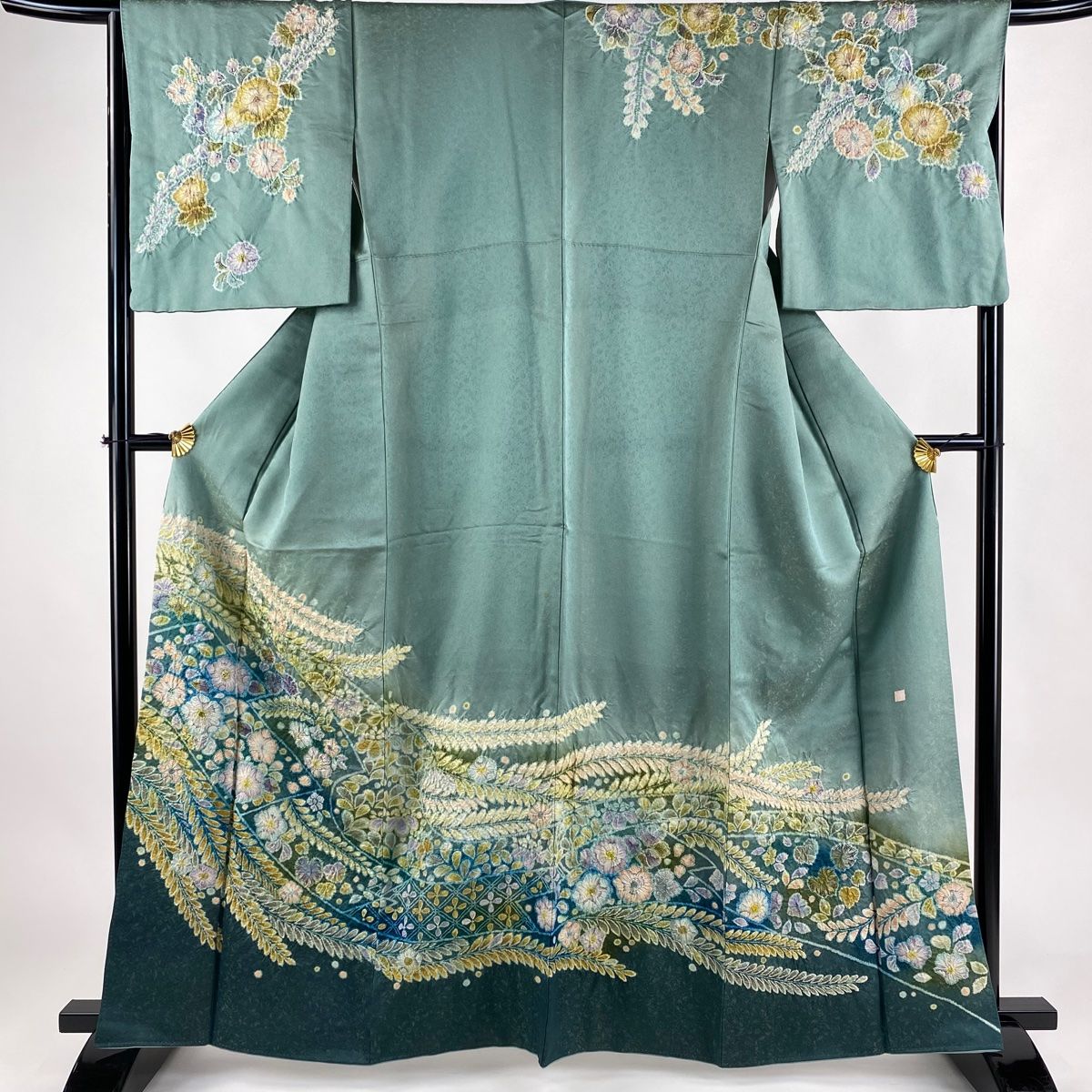 訪問着 身丈163cm 裄丈65.5cm M 袷 落款 辻が花 地紋 金通し 薄緑 正絹 名品
