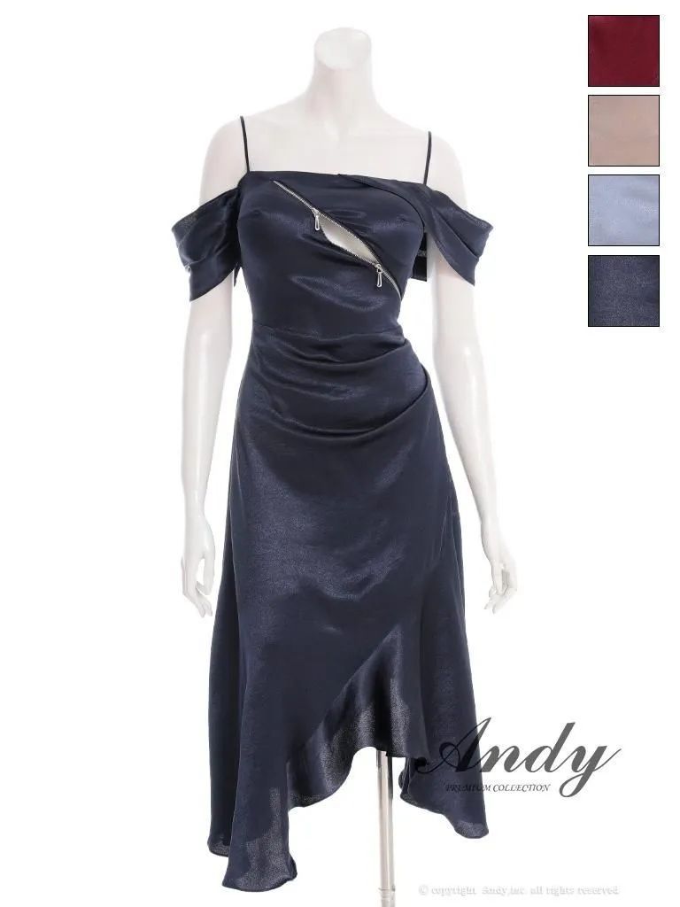 ブルーS OF05 ON2984-BE-2509 ANDY|アンディ フロントジップ| ストレッチサテン| オフショル| キャミソール| シンプル| ワンカラー| アシンメトリー| フリル| フ | ミディアムドレス| キャバドレス