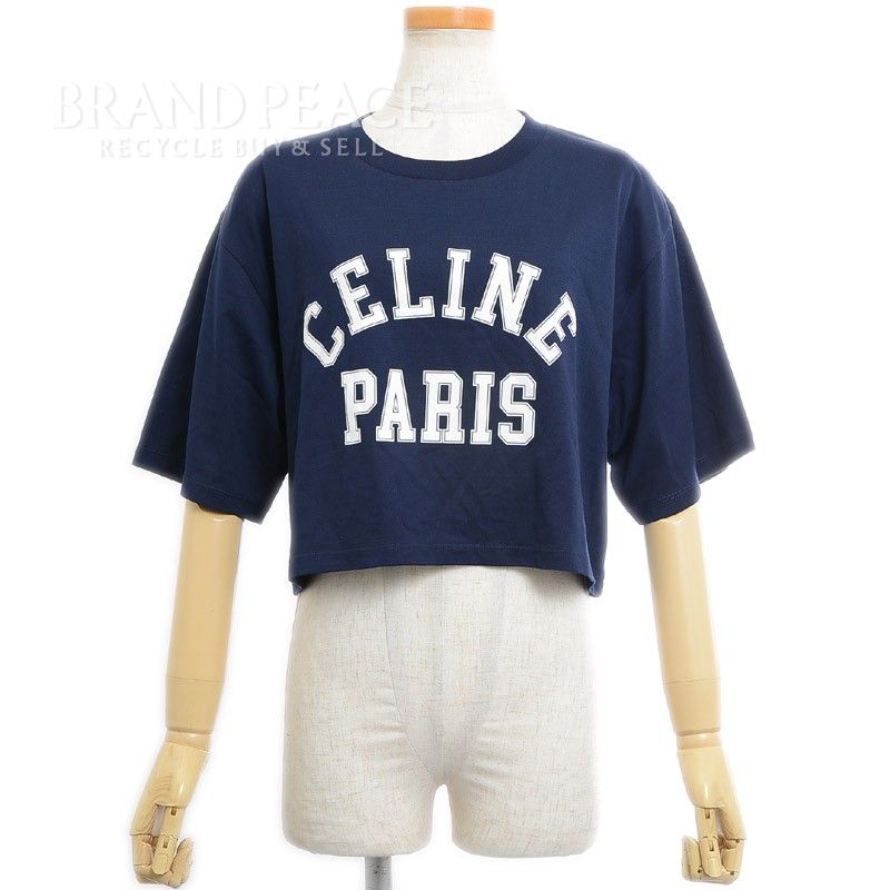 CELINE クロップドTシャツ ネイビー CELINE コットンジャージー クロップドTシャツ ロゴアップリケ