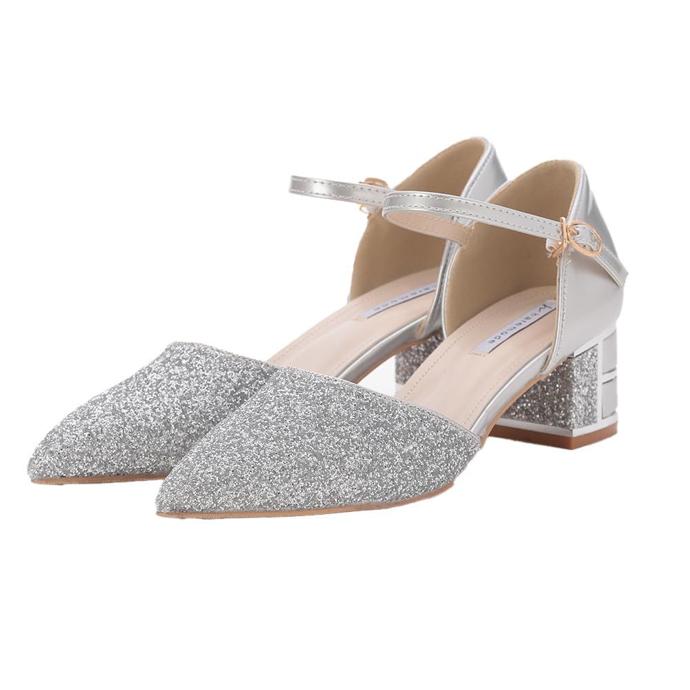 MORE AUNI パンプス レディース 靴 歩きやすい グリッター チャンキーヒール パンプス ヒール 5cm 疲れない パーティー 結婚式 フォーマル 披露宴 2次会 3419 SIL 23.5cm シルバー | 3419 23.5 cm