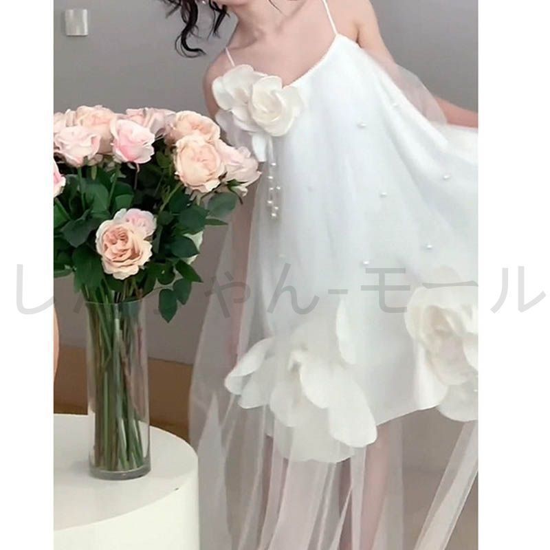 ウエディングドレス aライン ミニ丈 透け感 白 袖なし キャミソールドレス 花 コサージュ 花嫁 結婚式パーティードレス ブ MAAHADDERANG_COM