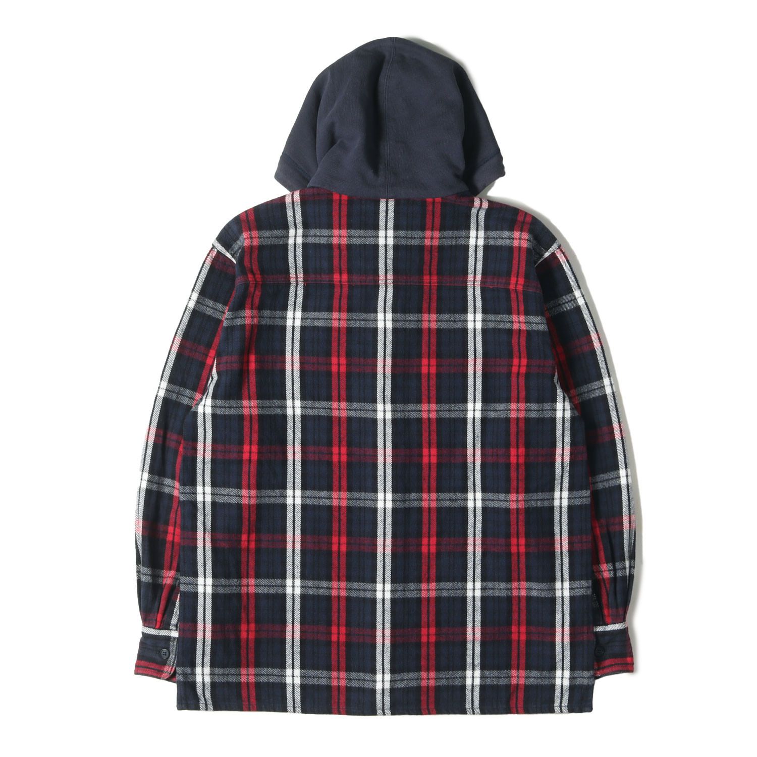 DESCENDANT ディセンダント シャツ サイズ:2 19AW フード付き ヘビーウェイト チェック フランネルシャツ STONER HOODED LS SHIRT ネイビー レッド 紺赤 トップス カジュアルシャツ 長袖【メンズ】