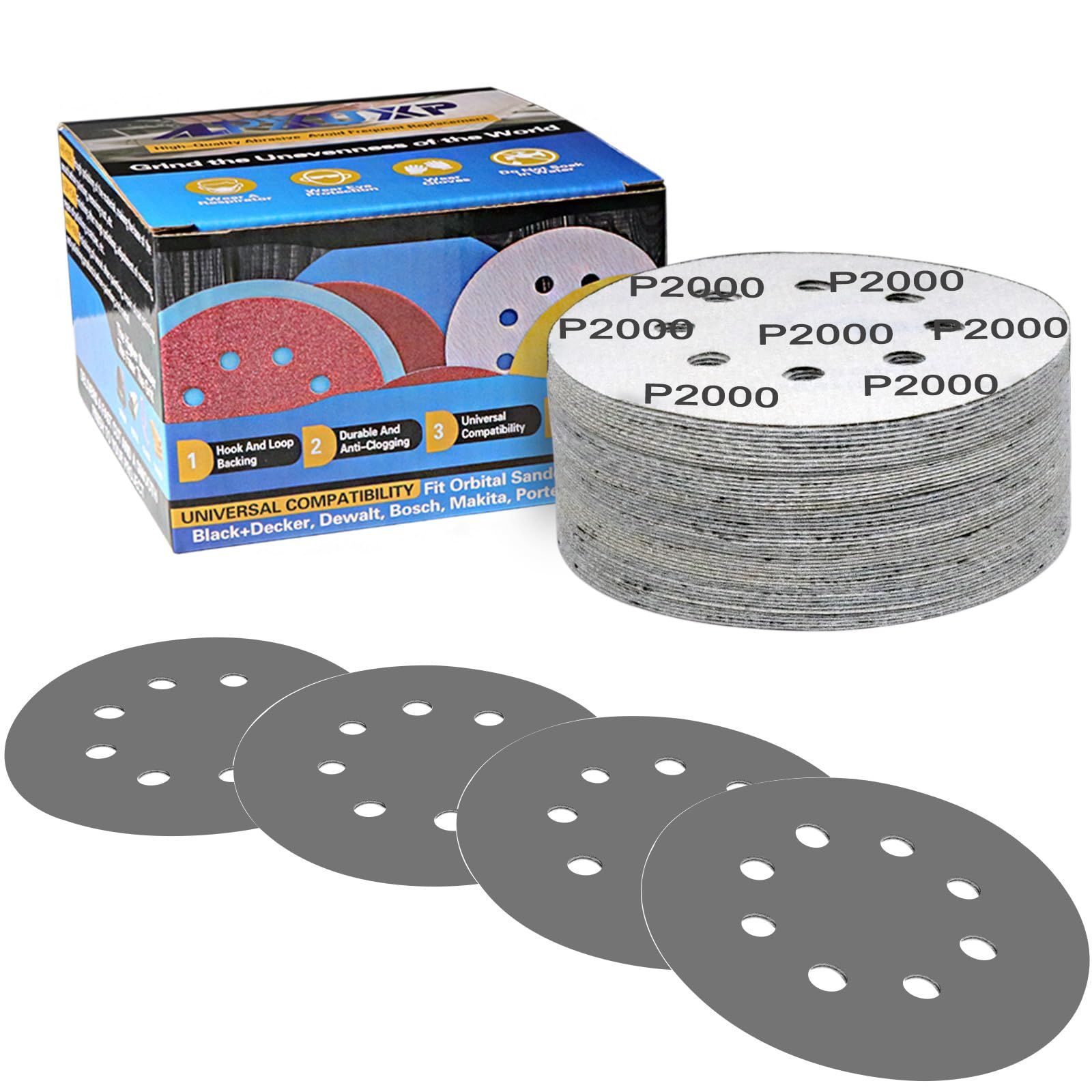MaterialType:2000番 50枚 IROKCAKPT 耐水サンドペーパー 125mm #2000番 サンダー ペーパー（50枚入）サンディングディスク 極細目 サンディングペーパー 電動サンダー用ディスクペーパー，ヘッドライ