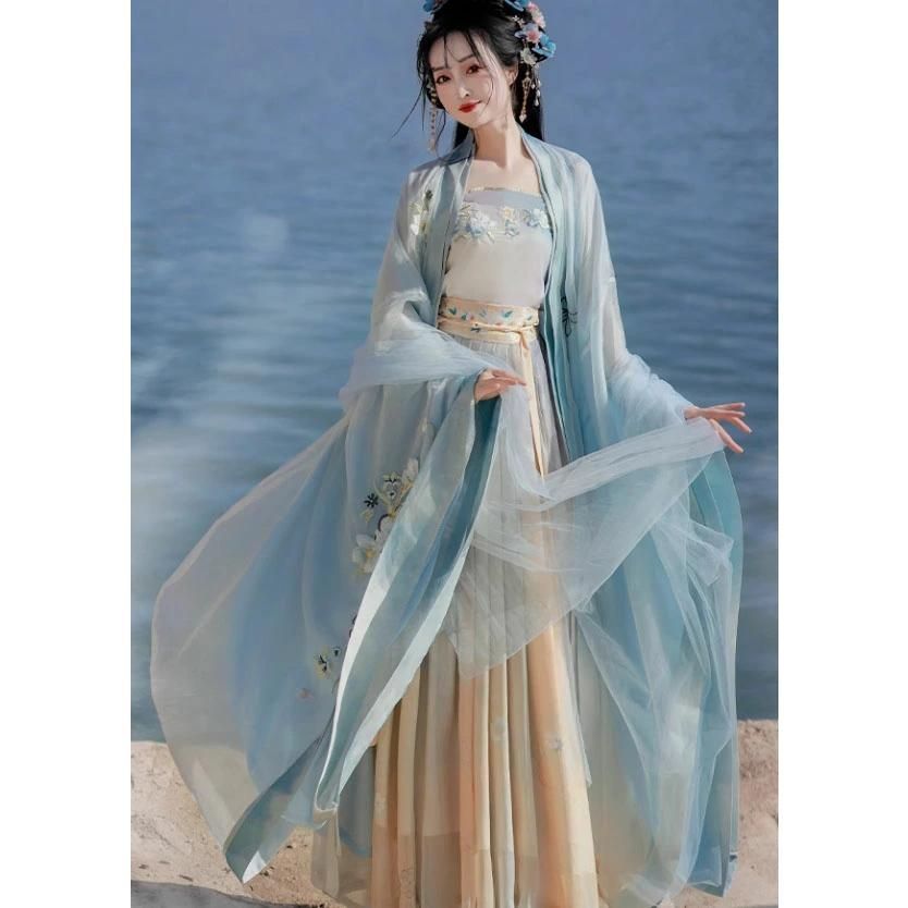 レディース 漢服 4点セット 宋朝 中国古代服装 振り袖羽織付き チャイナ服 ブルー系 大人 花刺繍 華やか 中華古典 宮廷風 貴妃 皇后 仮装