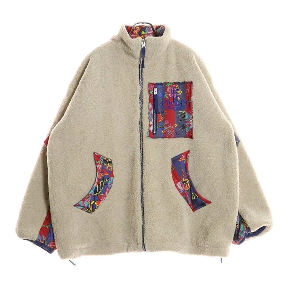 Vivienne Westwood ヴィヴィアンウエストウッド オーブロゴ刺繍 フラワープリント切り替え スタンドカラー ジップアップ ボアフリース ジャケット ベージュ|レッド VW-LP-86923