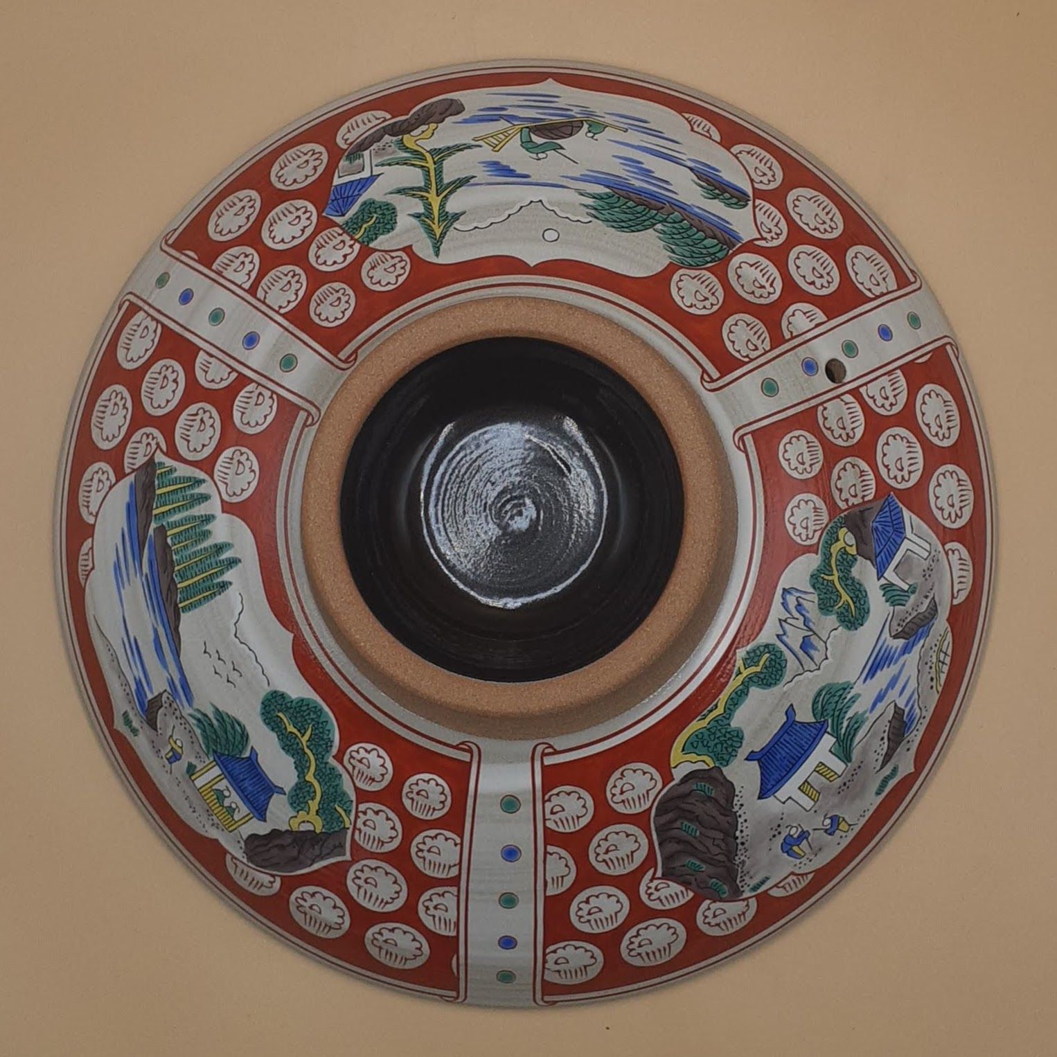 未使用】萬古焼 白峯陶器 赤絵山水 9号鍋（4～5人用) 絵付土鍋 27.5