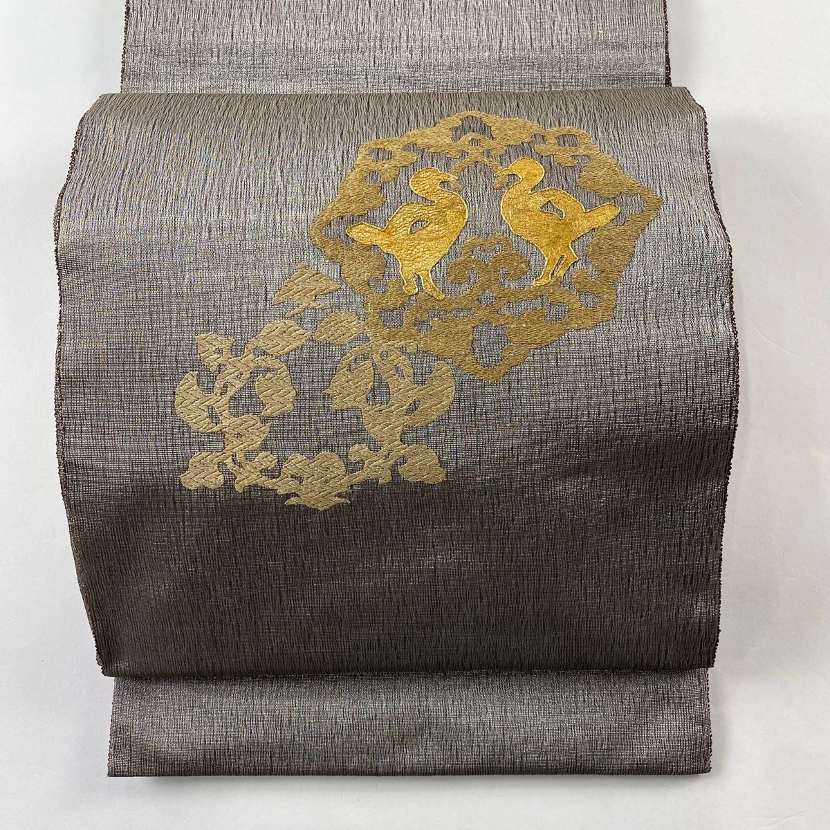 袋帯 美品 名品 幾何学 縞 金糸 灰茶 お太鼓柄 正絹 【中古