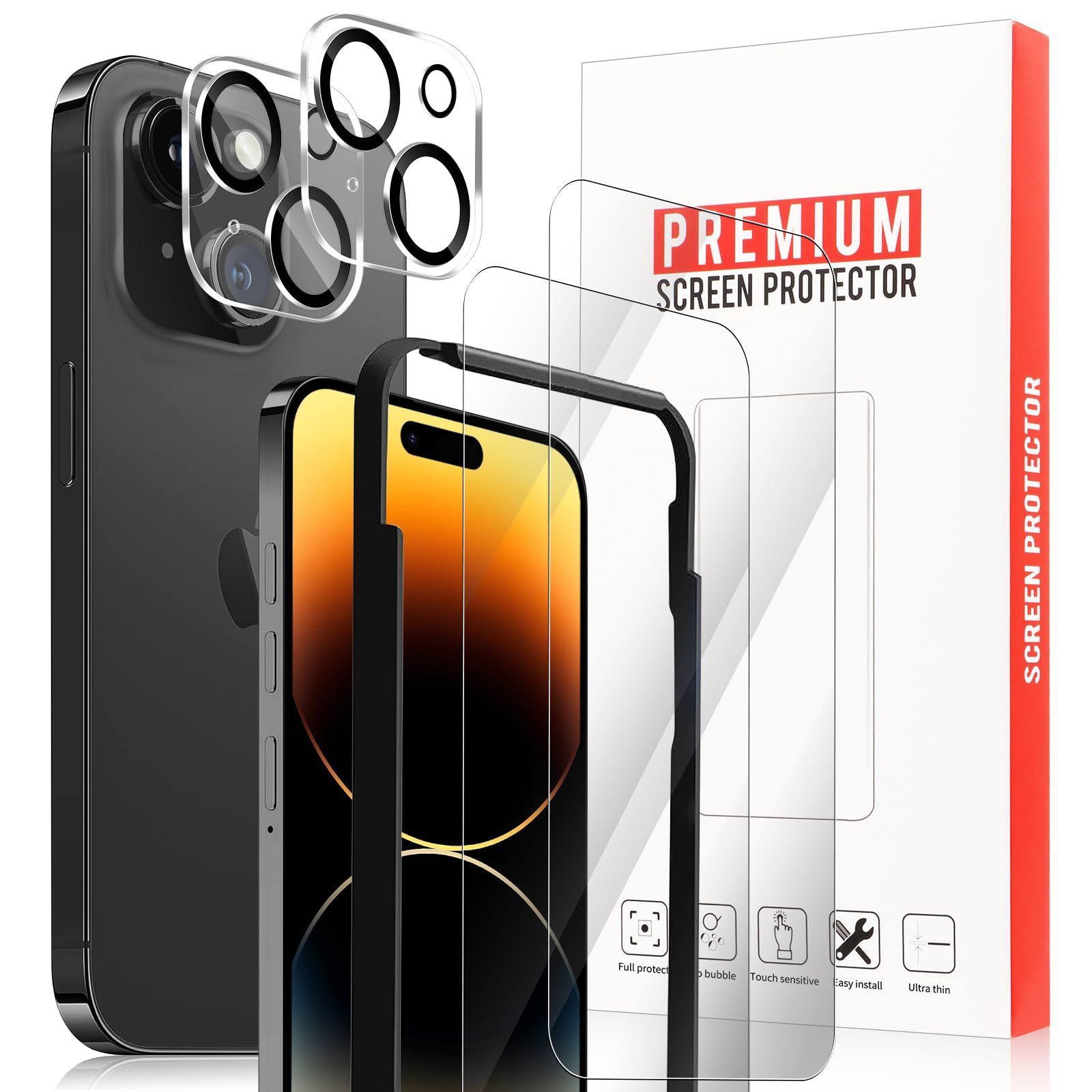 AUNEOS iphone15 plus用 ガラスフィルム (2枚)＋カメラ保護フィルム2眼レンズ(2枚) 旭硝子素材採用 全面保護 硬度9H 99％高透過率 飛散防止 自吸着 レンズフィルム + 保護フィルム 【 4枚入り】 貼り