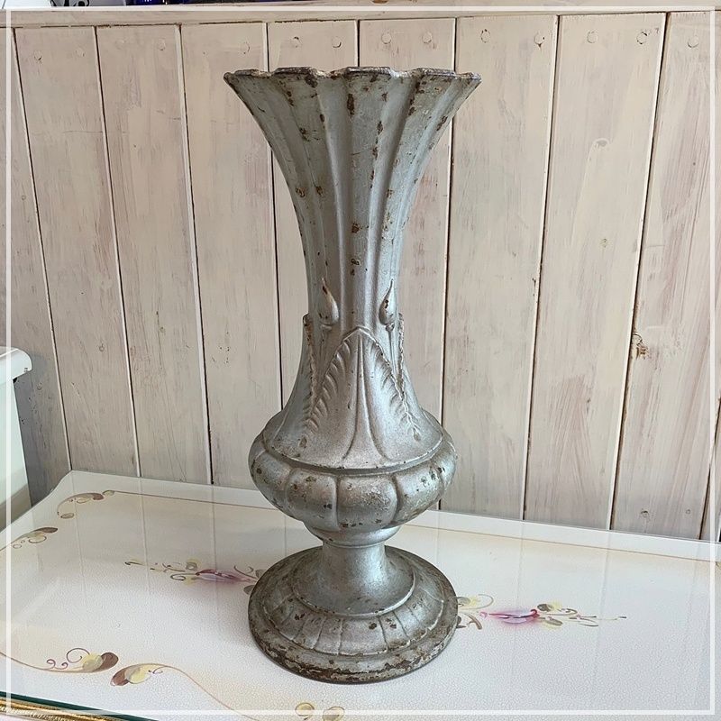 アイアンフラワーベース 壺 アンティーク 高さ41cm 花瓶 大きめ 鉄製 シルバー silver 銀 フラワーベース 花器 サビ ビンテージ インテリア RU0909-2
