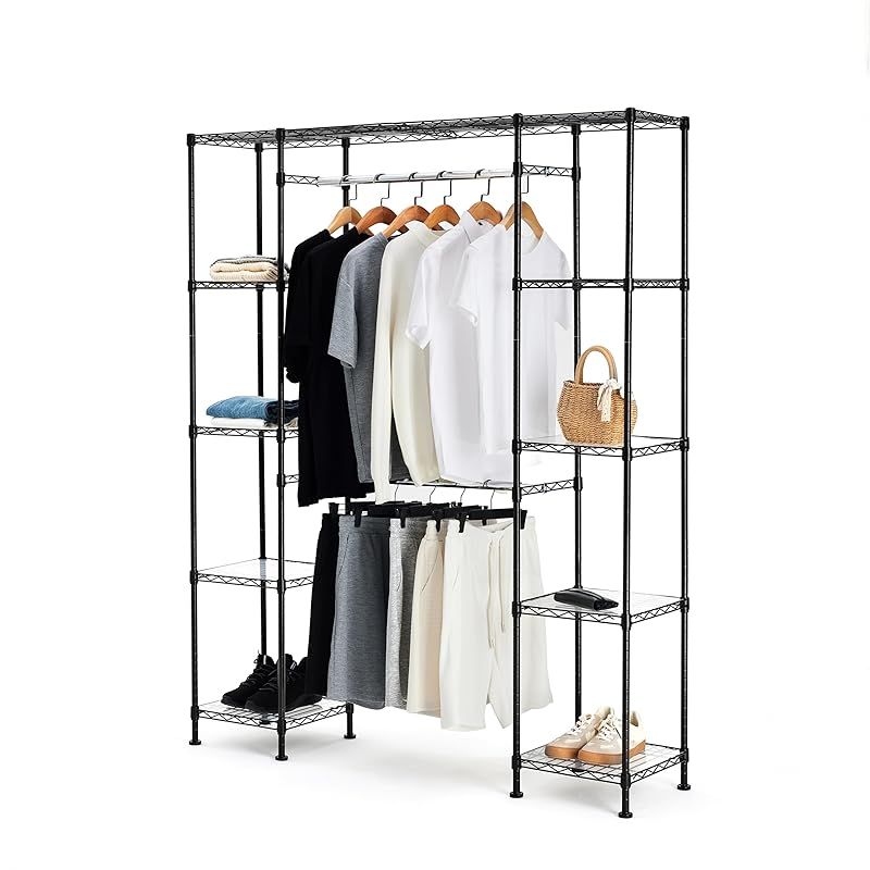 ベーシック ハンガー ラック ワードローブ 収納 延長 押入れ 棚付き 2段 頑丈 144.8-203.2x 35.6x 182.9cm ブラック 1