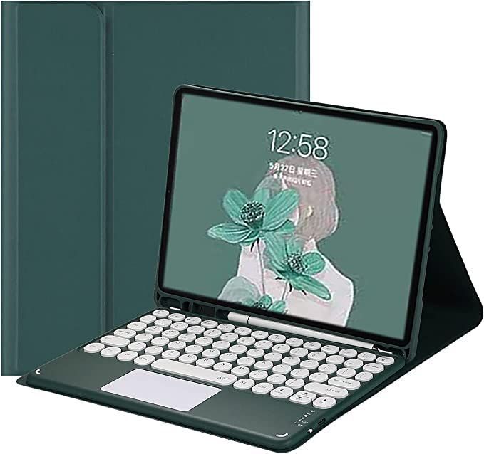 iPad 10_深緑 可愛い iPad 10 2022 第10世代 キーボード ケース タッチパッド付き 丸型キー iPad 10 10.9インチ 分離式 Bluetoothキーボード付き カバー マウス機能 カラーキーボード レディース Apple Penc