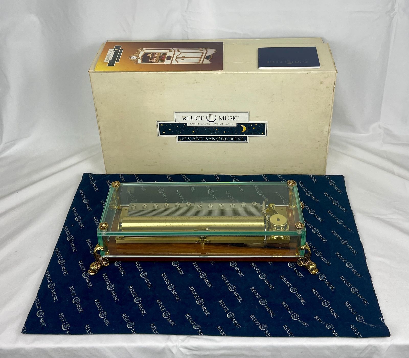 ③ 美品 オルゴール Reuge リュージュ オルゴール 144弁3曲  F. Chopin シリンダー式 イルカのブロンズ足 クリスタルガラスケース 動作確認済み
