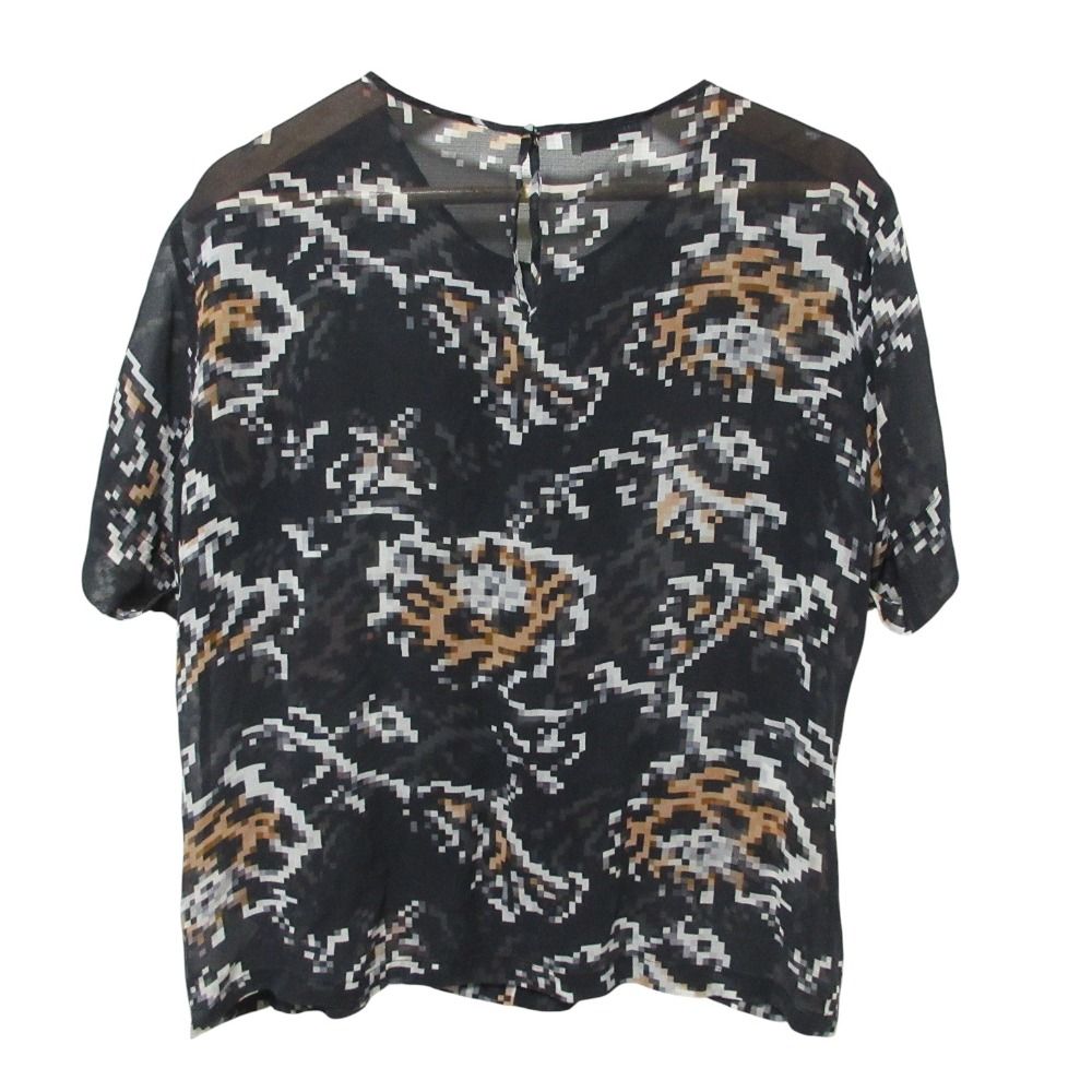 Dries Van Noten ドリスヴァンノッテン シルク ピクセルプリント シアー 半袖 ブラウス 38 ブラック レディース 古着