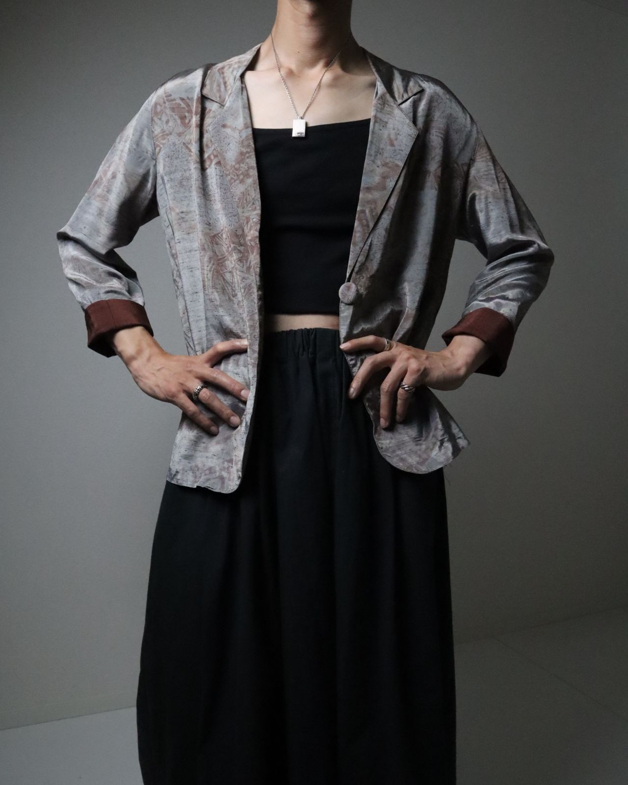 1990s USA made unique art satin easy tailored jacket silver 90年代 USA製 ユニーク アート サテン イージー テーラードジャケット シャツ カーディガン