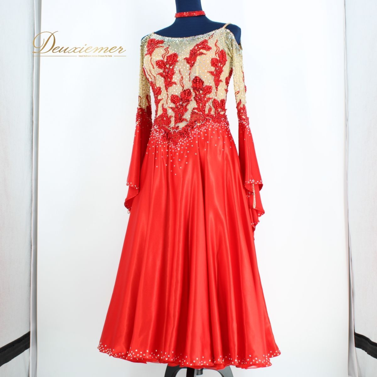 社交ダンス衣装】レッド ワンピース ドレス 赤 レース 光沢 デモ 競技